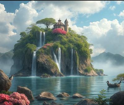 Primary subject: A beautiful island with a castle on top, surrounded by water and featuring a waterfall.

Setting/background: The island is situated in a large body of water, with a castle on top and a waterfall nearby.

Visual style: The image is a digital art illustration, showcasing a fantasy island with a castle and waterfall.

Colors and mood: The colors in the image are predominantly blue and green, creating a serene and peaceful atmosphere.